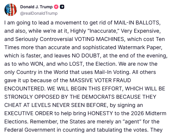 truhtoscial screenshot of trumps post about mail-in ballots and voter fraud