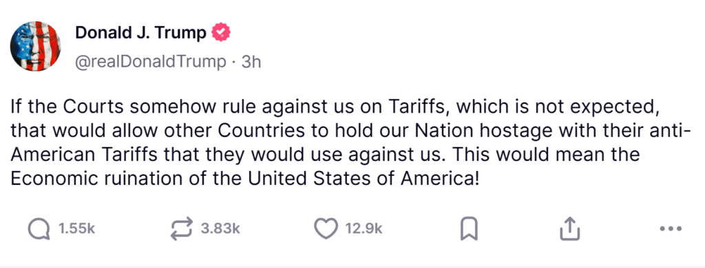 trumps truthsocial statement on court rulings on tariffs screenshot