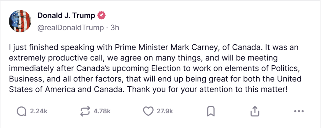 trumps truthsocial statement on first call with pm carney
