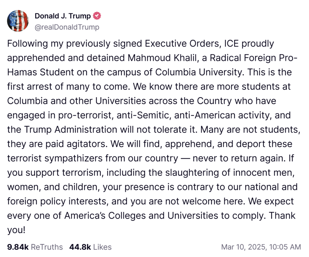 truthsocial-announement-of-mahmoud-khalils-arrest