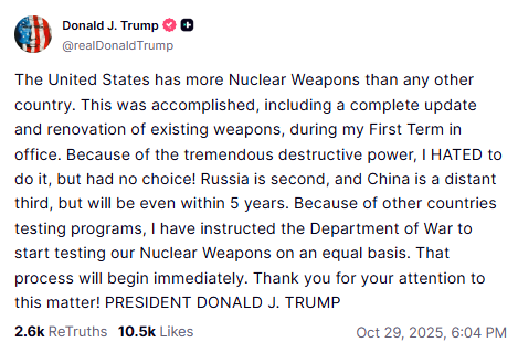 truthsocial nuclear weapon testing post
