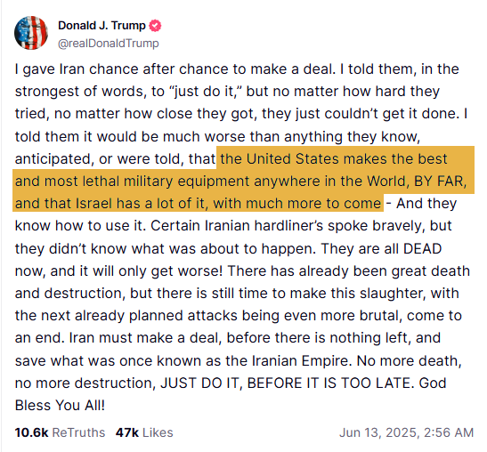 truthsocial screenshot of trumps statement on iran and israel