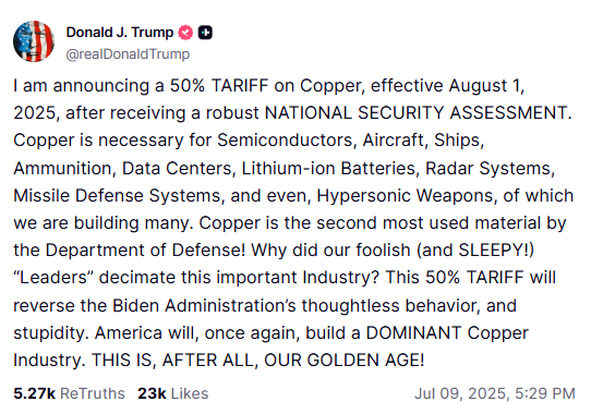 Trump Announces 50% Tariff on Copper, Citing National Security Concerns