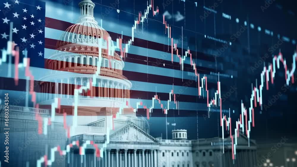 U.S. Capitol building with stock market ticker overlay