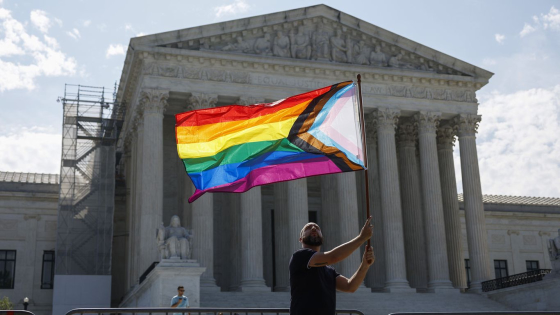 U.S. Supreme Court building with lgbtq flags