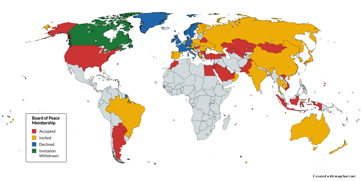 world map highlighting Board of Peace member countries in one color, major allies who declined in another