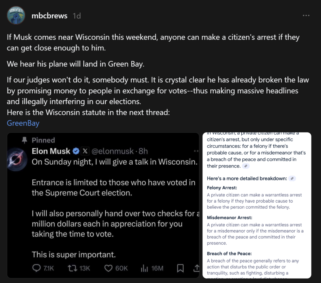 Wisconsin Brewery Calls for Musk's Citizen's Arrest