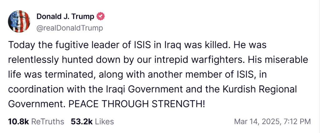 truth social statement on isis leader killed