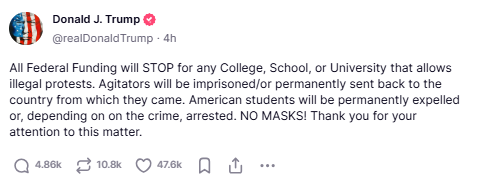 truthsocial-announcement-to-stop-federal-funding-over-school-protests