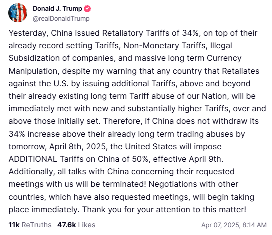 trumps truthsocial statement on tariff escalation with china