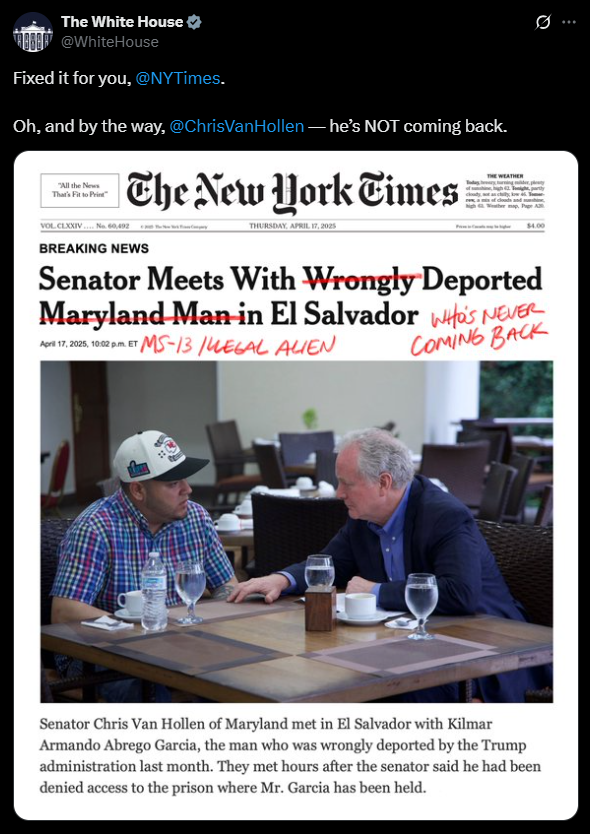 white house x post on 'fixed' NYT headline