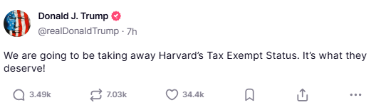 trumps truth social statement on harvard
