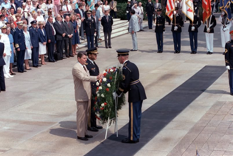 President Ronald Reagan participates in a Memorial Day wreath-laying ceremony at Arlington National Cemetery, May 31, 1982.