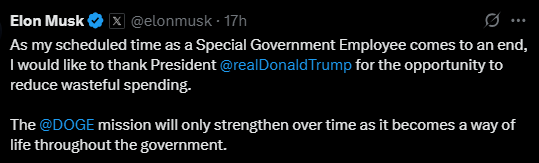 elon musk x statement on leaving his role as special government employee