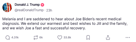 trump's truthsocial statement wishing biden a speedy recovery