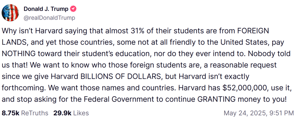 trump harvard truhtsocial screenshot