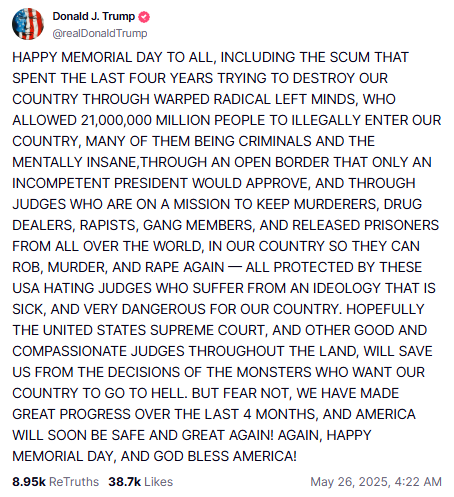 trumps truthsocial memorial day message screenshot