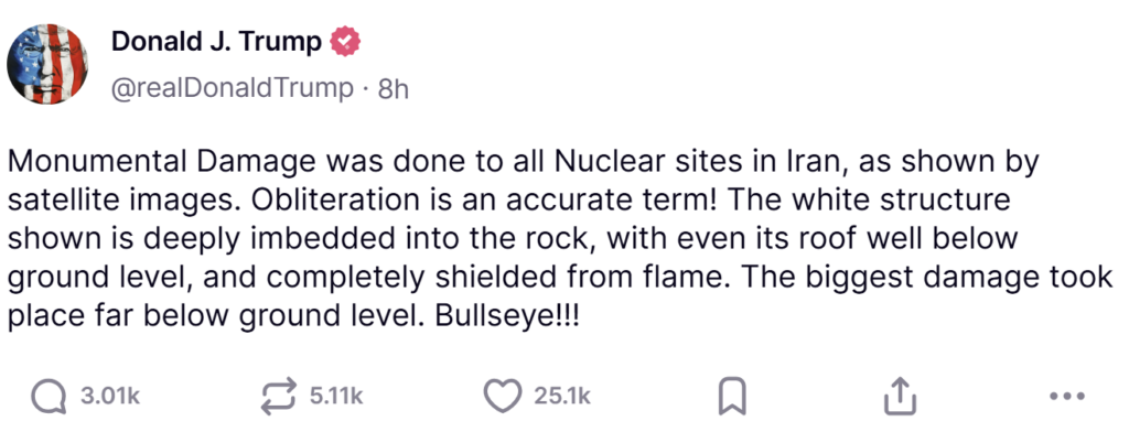 trumps truthsocial statement on the damage done in iran by the us military