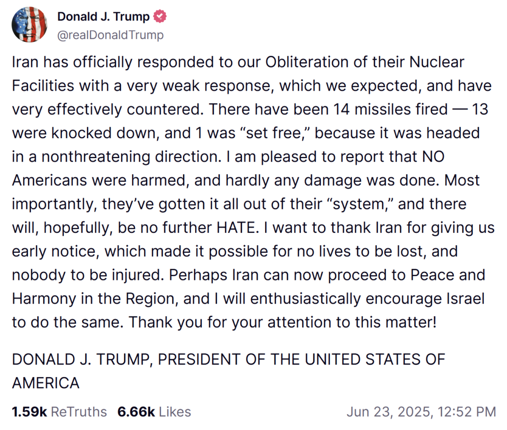 trumps truthsocial announcement regarding irans response