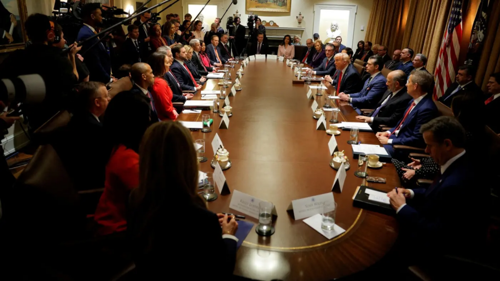US President Donald Trump hosts his first cabinet meeting in Washington, DC, February 26, 2025.© 2025 Brian Snyder/Reuters