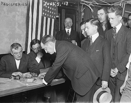 Young men registering for conscription during World War I in New York City, in June 1917