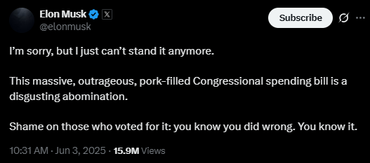 musk's x statement on trump's tax bill screenshot