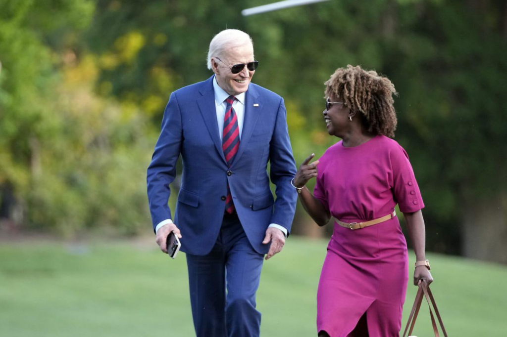 joe biden and karine Jean-Pierre in a lighthearted exchange