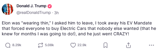 trump's truthsocial post on elon 'wearing thin' screenshpt