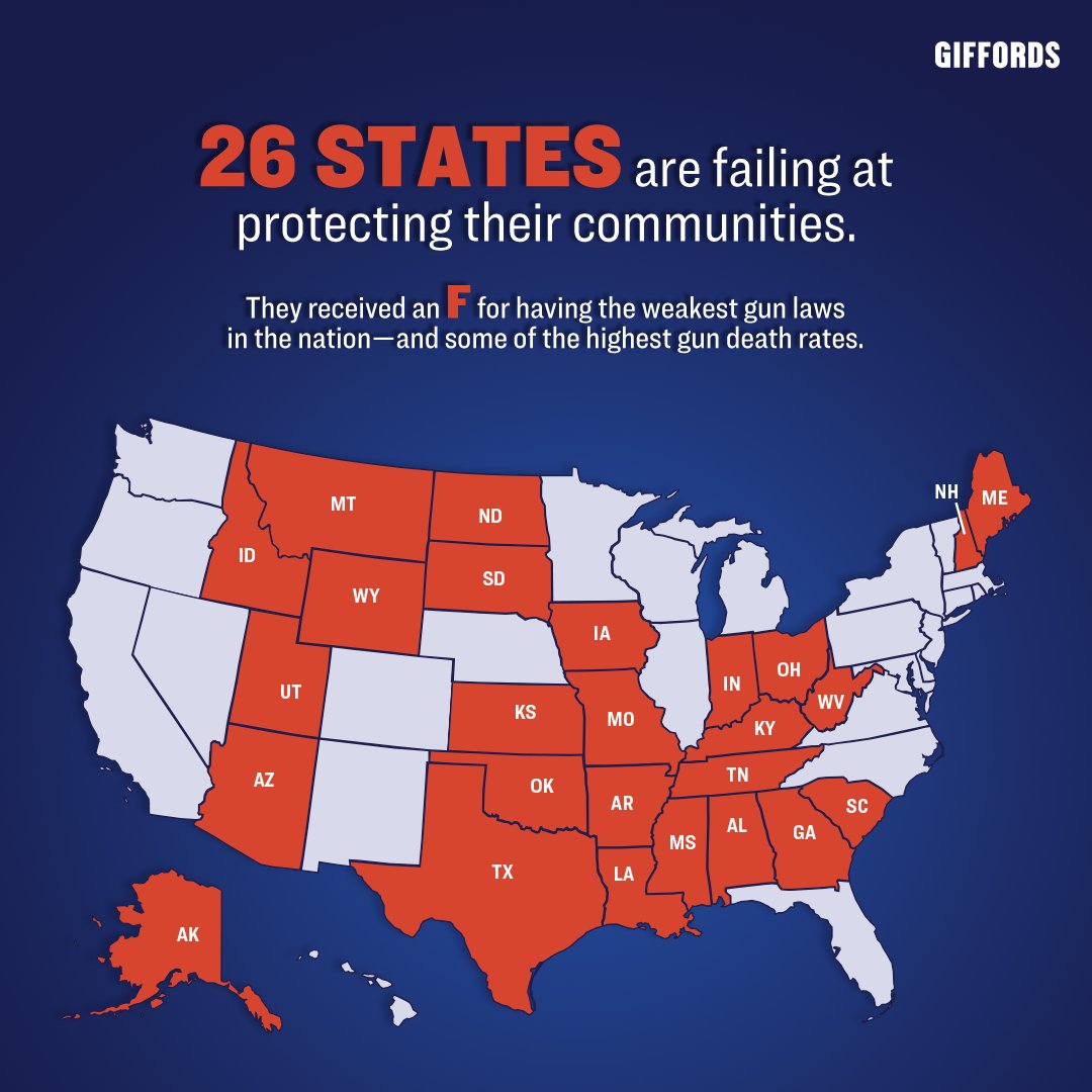 A map of the United States showing different state gun law grades