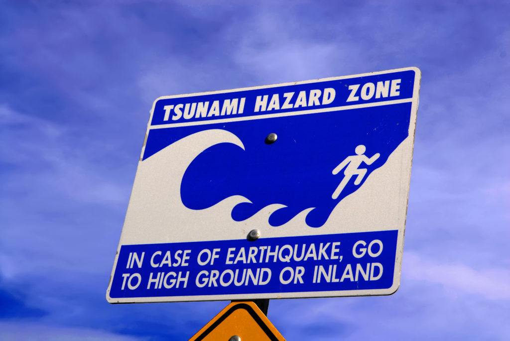 Tsunami warning sign on an Alaskan coast