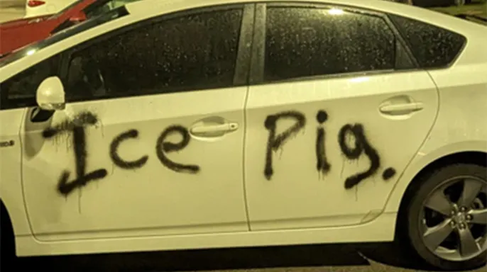"ICE Pig" graffiti on a vehicle outside the Prairieland Detention Center.   (Justice Department)