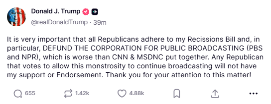 truthsocial screenshot pbs funding and endorsements