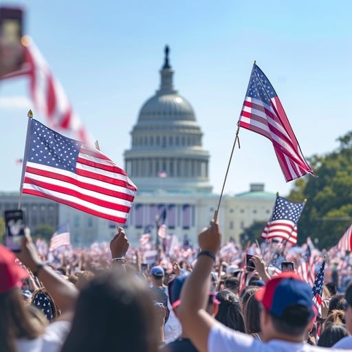American flag waving over a crowd at a parade