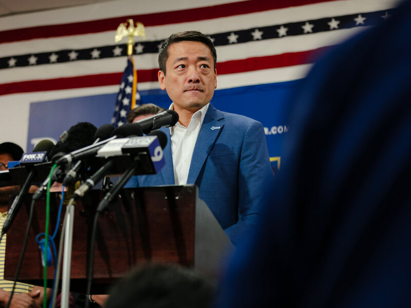 Texas House Democratic Caucus Chair Gene Wu at press conference in Chicago