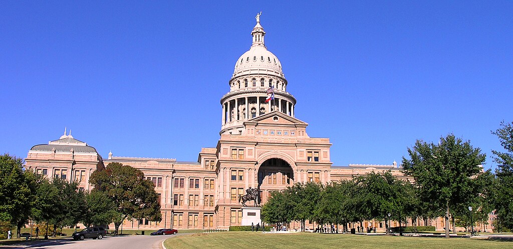 split screen of Texas and California state capitol buildings