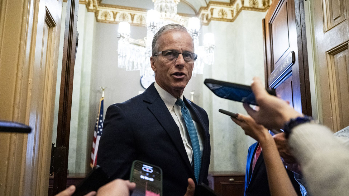 Senate Majority Leader John Thune speaking to reporters