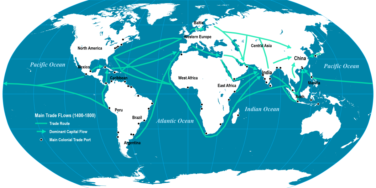 a global map with trade route lines