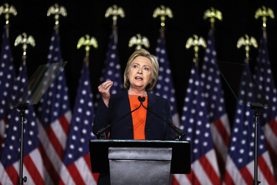 Hillary Clinton speaking at a podium