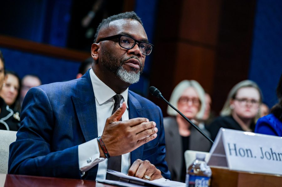 Chicago Mayor Brandon Johnson at a press conference