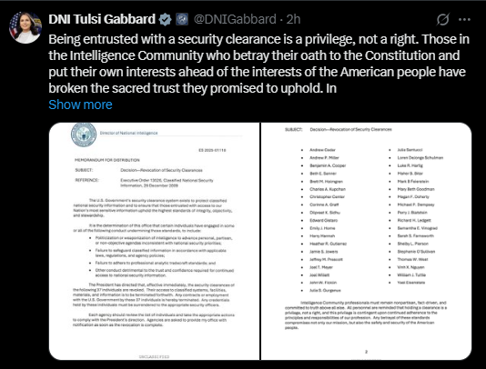screenshot of tulsi gabbar x post on security clearance