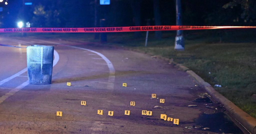 Evidence markers and crime scene tape at the scene of a mass shooting in the 2700 block of South California early on July 5, 2025