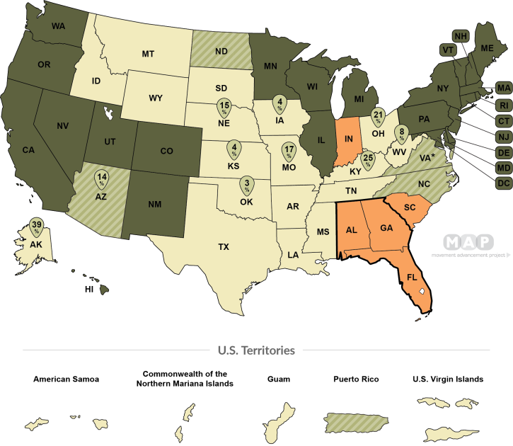 a map of the United States showing states with conversion therapy bans