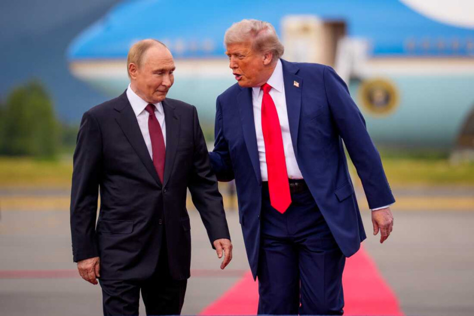 President Donald Trump and Russian President Vladimir Putin shaking hands in Alaska