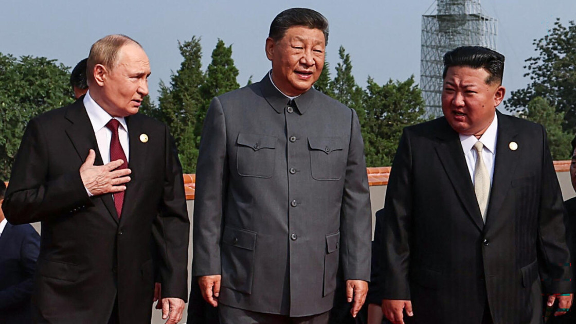 Xi Jinping, Vladimir Putin, and Kim Jong Un at military parade in Beijing