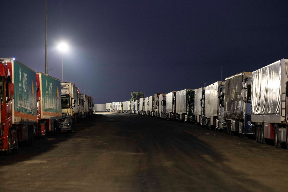 humanitarian aid trucks waiting at border