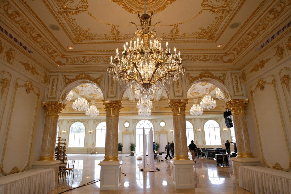 Trump ballroom rendering gold chandeliers marble White House