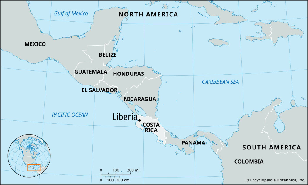 map showing Liberia and Costa Rica