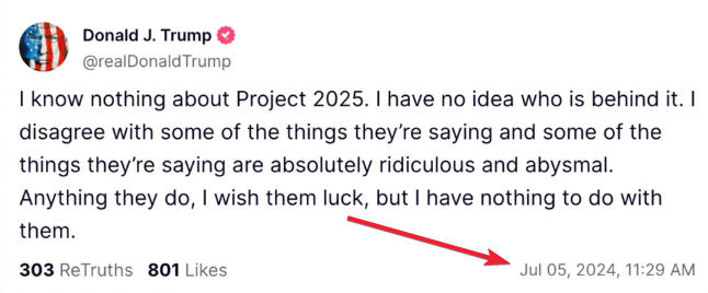 i know nothing about project 2025 truthsocial screenshot