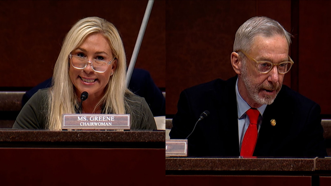NPR microphone and PBS logo with empty congressional hearing room in background