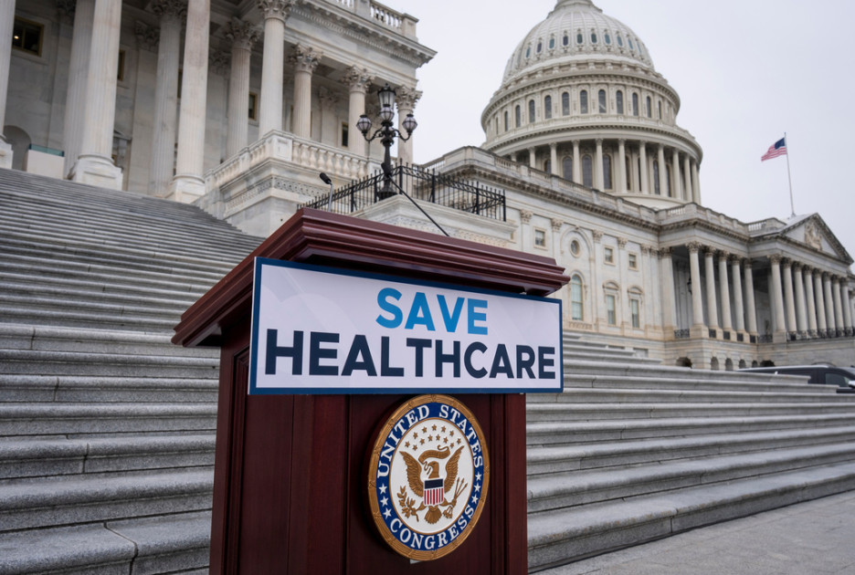 U.S. Capitol building with healthcare symbol